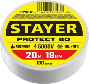 STAYER PROTECT-20,  19 мм х 20 м, 5 000 В, белая, изолента ПВХ, Professional (12292-W)