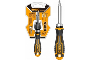 Отвертка с трещоткой и насадками INGCO INDUSTRIAL 180мм + 7 бит, ручка 2К (12/72)
