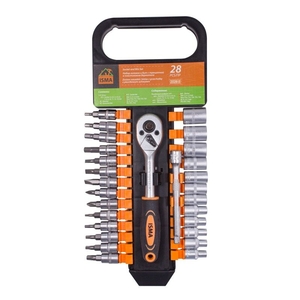 Набор головок и бит с трещоткой 28пр. 1/4''(4-13мм, Torx:T10,15,20,25,30, Hex:3-6мм,SL:4,5.5,7мм, PH