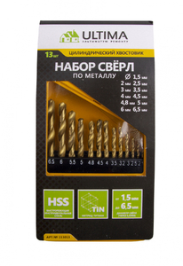 Набор нитридтит. сверл по мет Ultima,1,5-6,5мм(через 0,5мм+3,2мм,4,8мм),НSS13 шт
