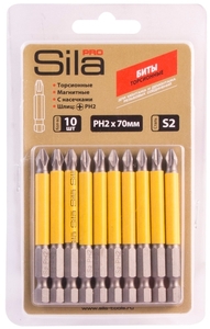 Биты Sila Pro, ph2х70мм, S2, намагнич, торсионые,блистер 10 шт