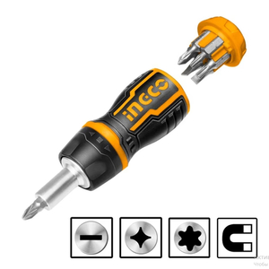 Отверткa короткая с битами INGCO 8 в 1 + ТРЕЩОТКА (12шт/48шт)